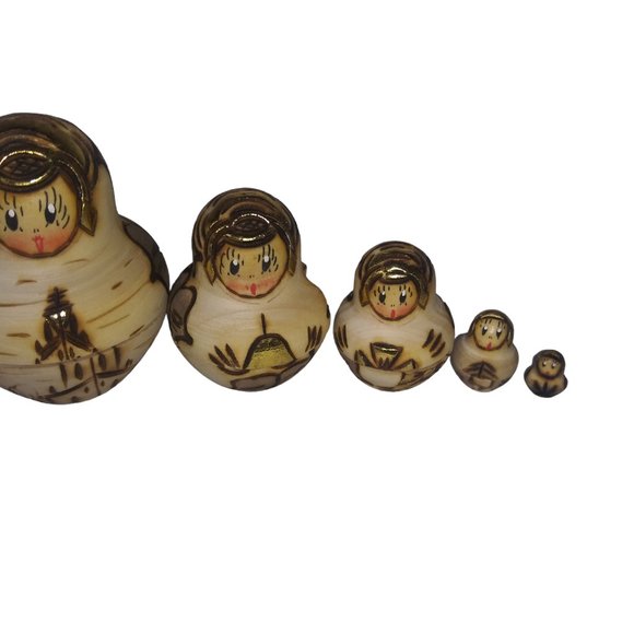 VTG MATRYOSHKA Gold Hand Painted Wood Burned Russian Nesting Dolls Set of 9 - Picture 5 of 12